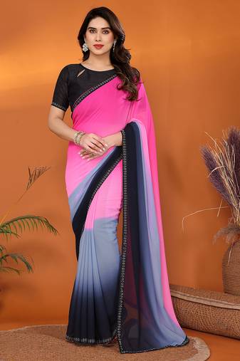 pink solid chiffon saree with lace border & blouse piece