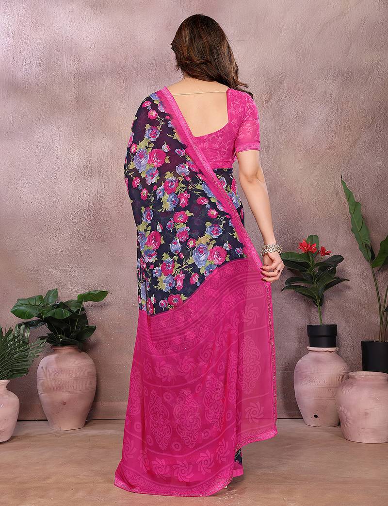 Pink floral georgette saree with lace border & blouse piece