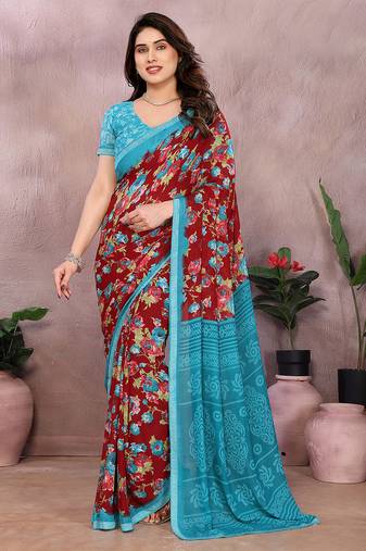 maroon floral georgette saree with lace border & blouse piece