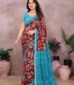 maroon floral georgette saree with lace border & blouse piece