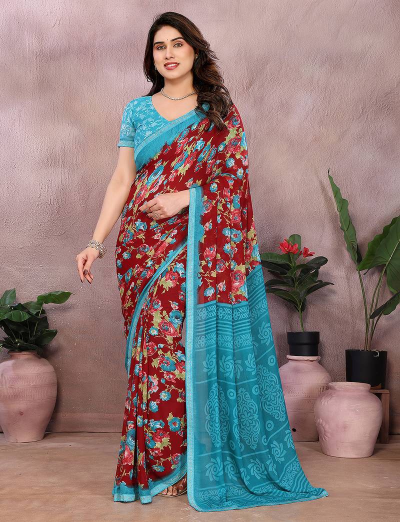 maroon floral georgette saree with lace border & blouse piece