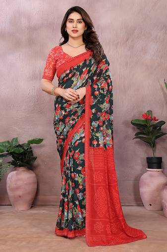 green floral georgette saree with lace border & blouse piece