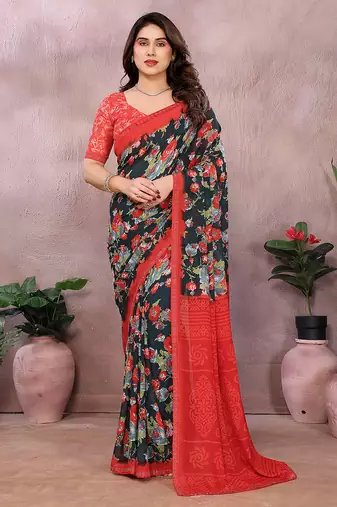 green floral georgette saree with lace border & blouse piece