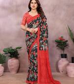 green floral georgette saree with lace border & blouse piece