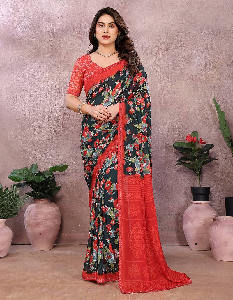 green floral georgette saree with lace border & blouse piece