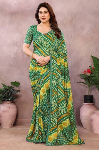 green printed georgette saree with lace border & blouse piece