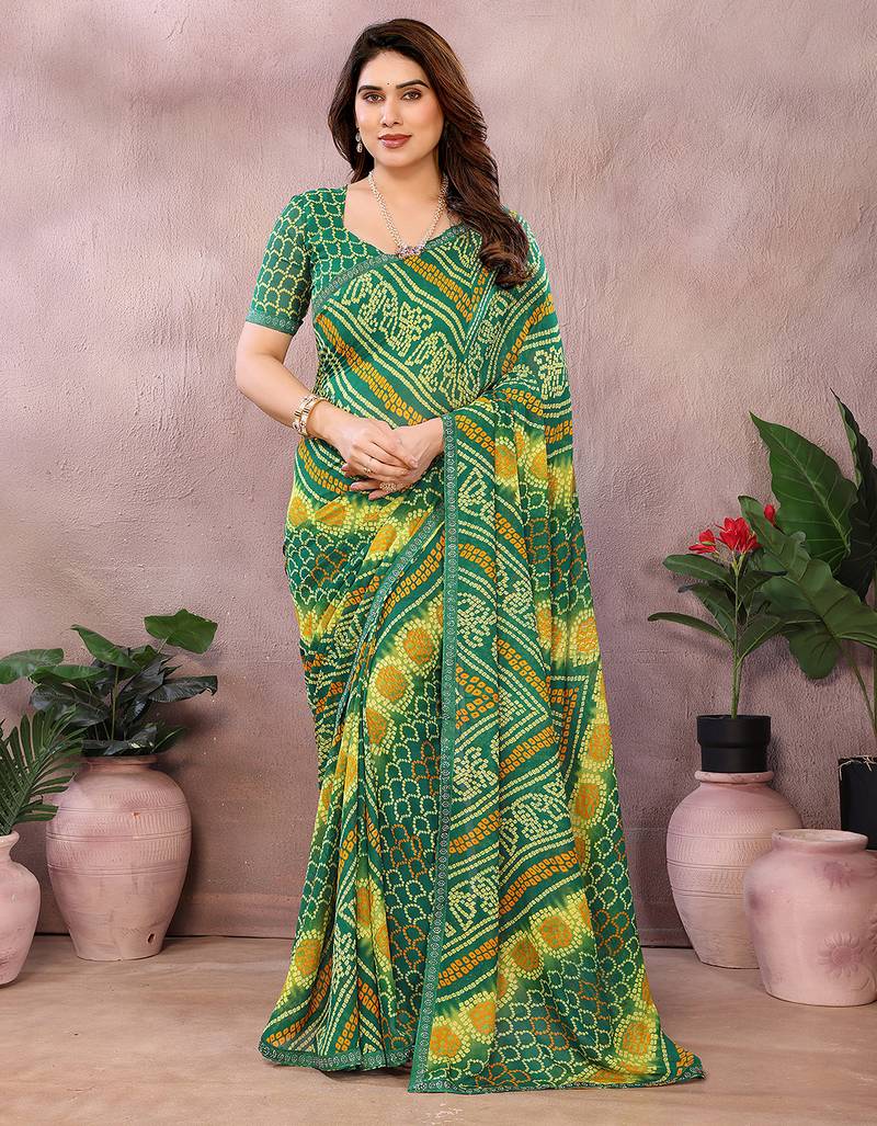 green printed georgette saree with lace border & blouse piece