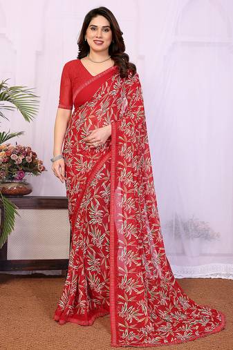 red floral georgette saree with lace border & blouse piece