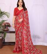 red floral georgette saree with lace border & blouse piece