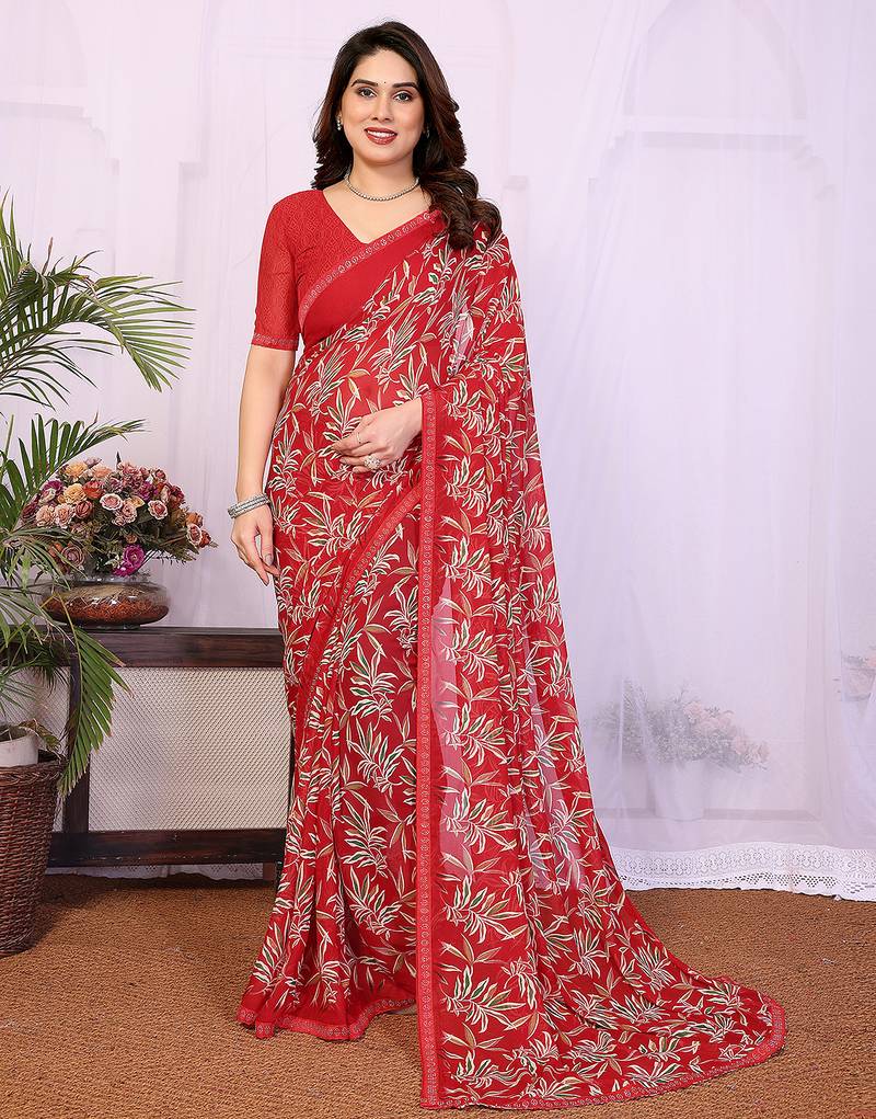 red floral georgette saree with lace border & blouse piece