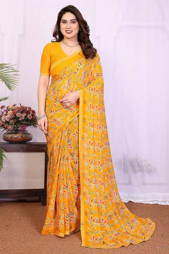   yellow floral georgette saree with lace border & blouse piece