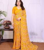  yellow floral georgette saree with lace border & blouse piece