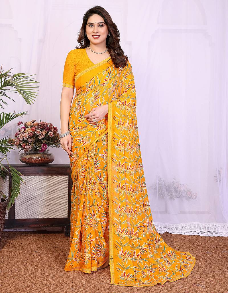  yellow floral georgette saree with lace border & blouse piece