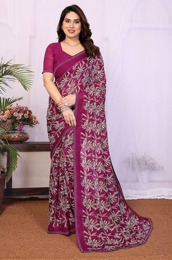   purple floral georgette saree with lace border & blouse piece