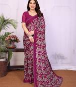  purple floral georgette saree with lace border & blouse piece