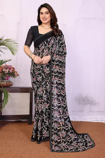 black floral georgette saree with lace border & blouse piece