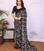 black floral georgette saree with lace border & blouse piece