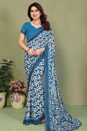 blue floral georgette saree with lace border & blouse piece
