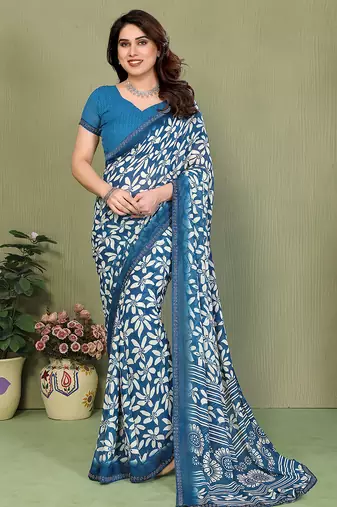 blue floral georgette saree with lace border & blouse piece