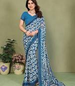blue floral georgette saree with lace border & blouse piece