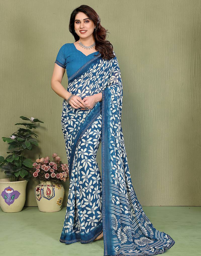 blue floral georgette saree with lace border & blouse piece