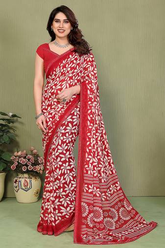 red floral georgette saree with lace border & blouse piece