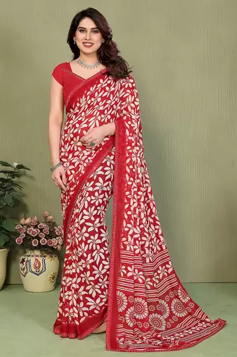 red floral georgette saree with lace border & blouse piece