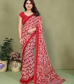 red floral georgette saree with lace border & blouse piece
