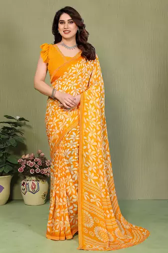  orange floral georgette saree with lace border & blouse piece