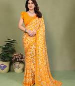  orange floral georgette saree with lace border & blouse piece