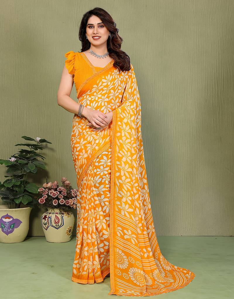 orange floral georgette saree with lace border & blouse piece
