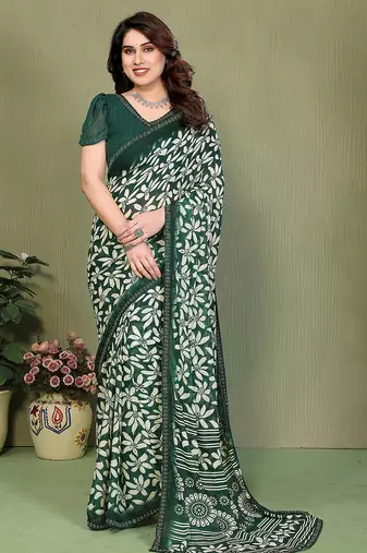green floral georgette saree with lace border & blouse piece