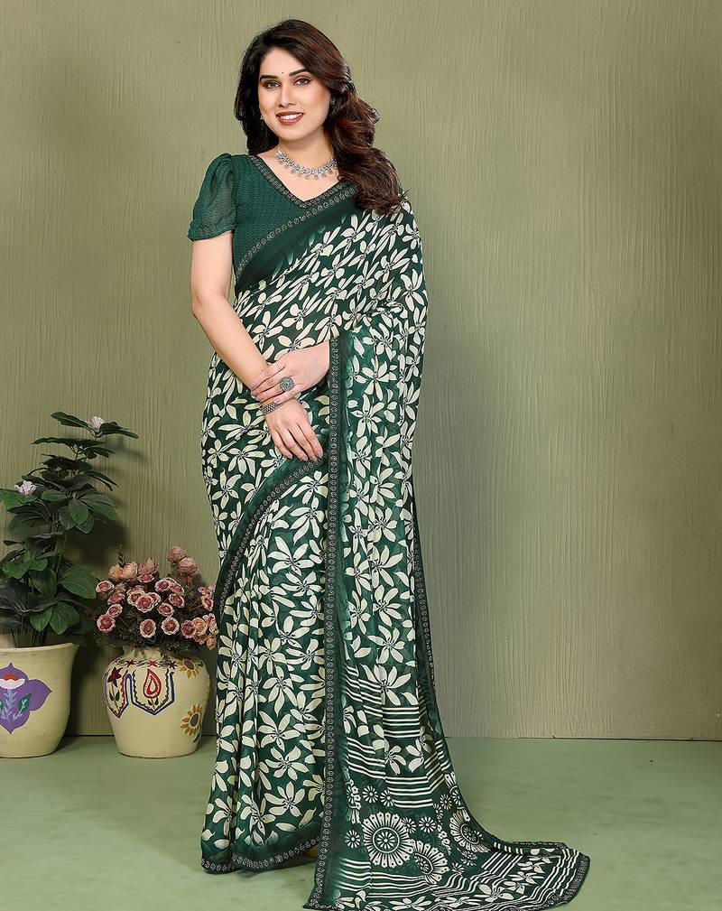 green floral georgette saree with lace border & blouse piece