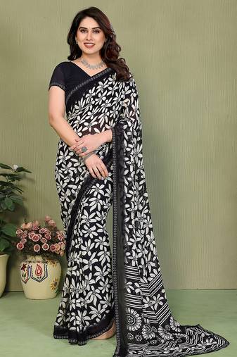 black floral georgette saree with lace border & blouse piece