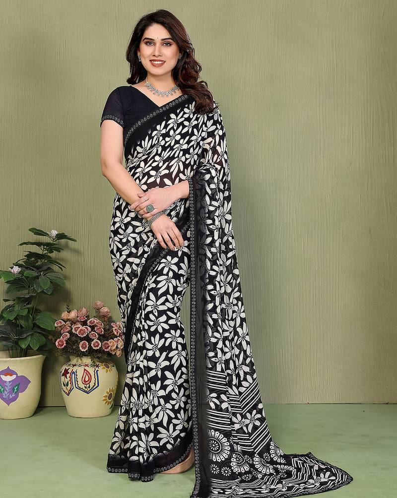 black floral georgette saree with lace border & blouse piece