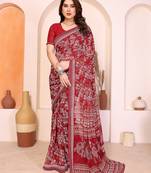 red floral georgette saree with lace border & blouse piece