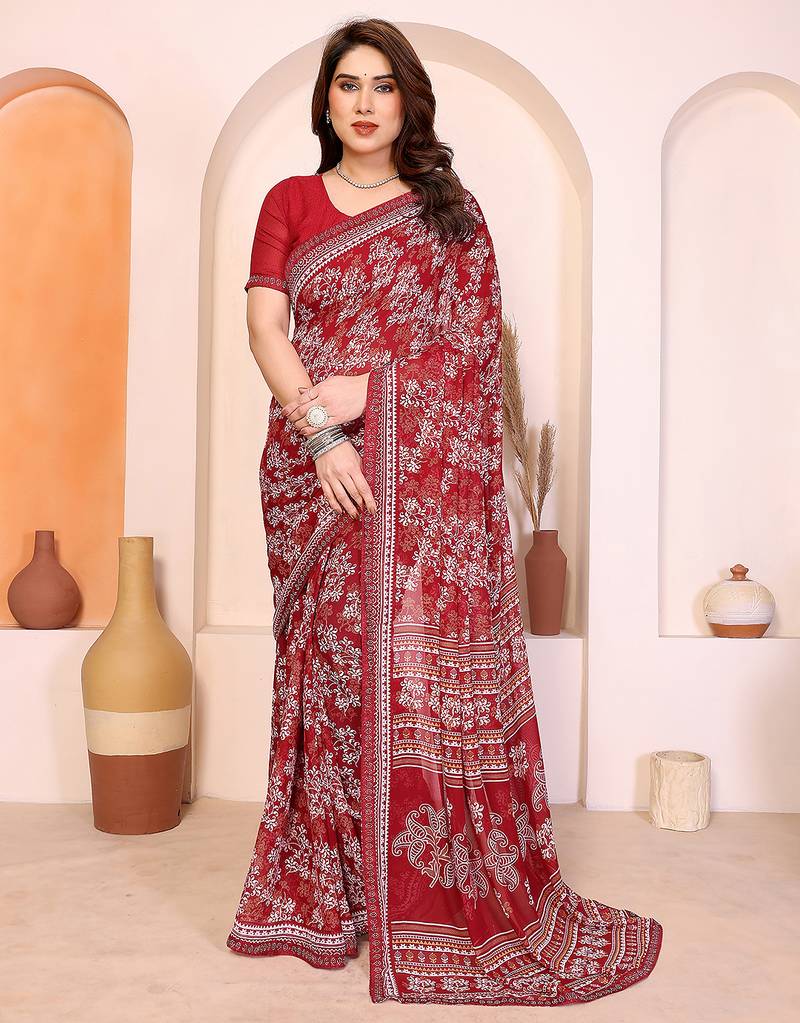 red floral georgette saree with lace border & blouse piece