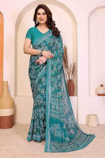 blue floral georgette saree with lace border & blouse piece