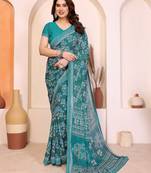 blue floral georgette saree with lace border & blouse piece