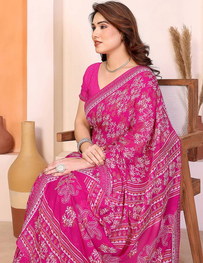 pink floral georgette saree with lace border & blouse piece
