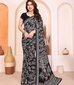 black floral georgette saree with lace border & blouse piece