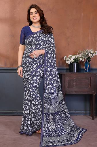 blue floral georgette saree with lace border & blouse piece