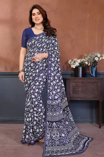 blue floral georgette saree with lace border & blouse piece