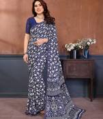 blue floral georgette saree with lace border & blouse piece