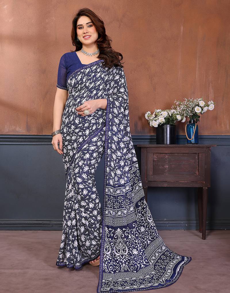 blue floral georgette saree with lace border & blouse piece