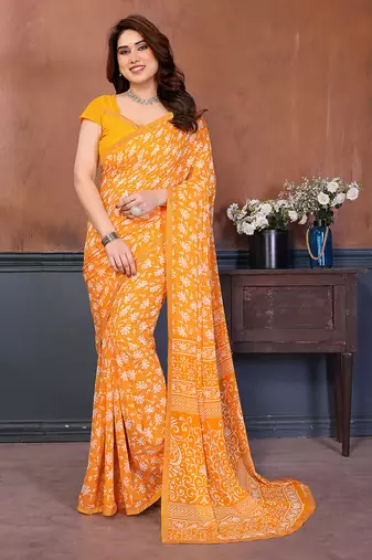   yellow floral georgette saree with lace border & blouse piece