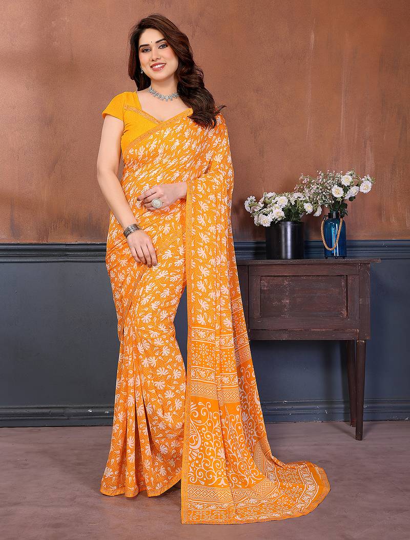  yellow floral georgette saree with lace border & blouse piece