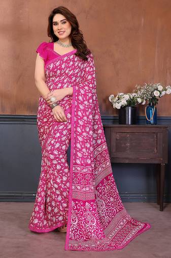 pink floral georgette saree with lace border & blouse piece