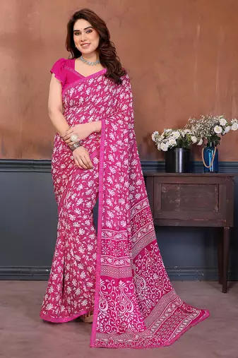 pink floral georgette saree with lace border & blouse piece