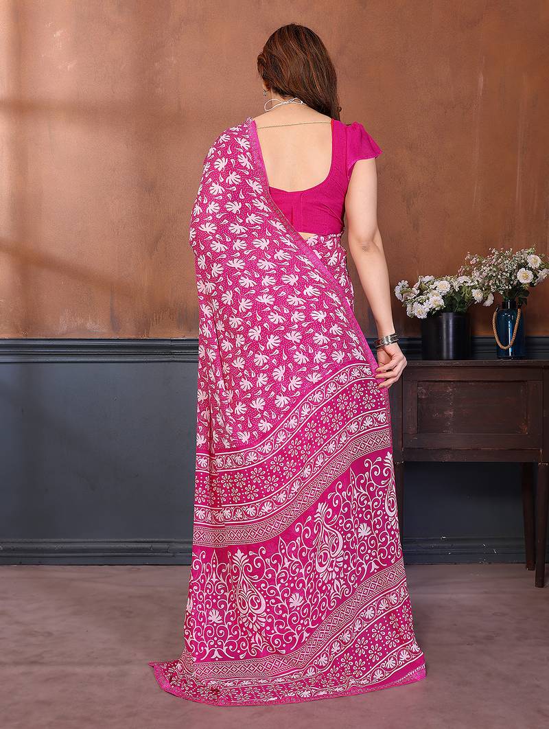 pink floral georgette saree with lace border & blouse piece